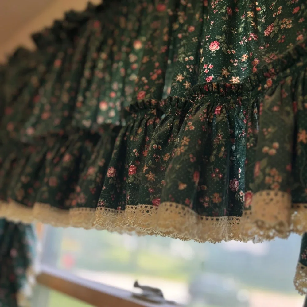 Vintage Dark Green Floral Ruffled Curtain Set with Lace Trim Cottagecore 45in